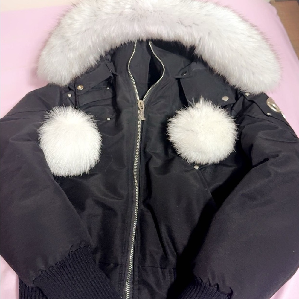Moose Knuckles Black Puffer Jacket with White Faux-Fur Trim